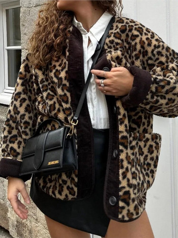 Vintage Leopard Print Αναστρέψιμα Μάλλινα Παλτό Γυναικεία Ο-λαιμόκοψη Μονόστηθος Τσέπες Fleece Μπουφάν Φθινοπωρινό Χειμώνας Γυναικεία Streetwear