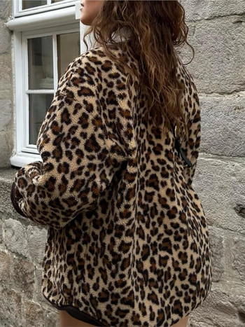 Vintage Leopard Print Αναστρέψιμα Μάλλινα Παλτό Γυναικεία Ο-λαιμόκοψη Μονόστηθος Τσέπες Fleece Μπουφάν Φθινοπωρινό Χειμώνας Γυναικεία Streetwear