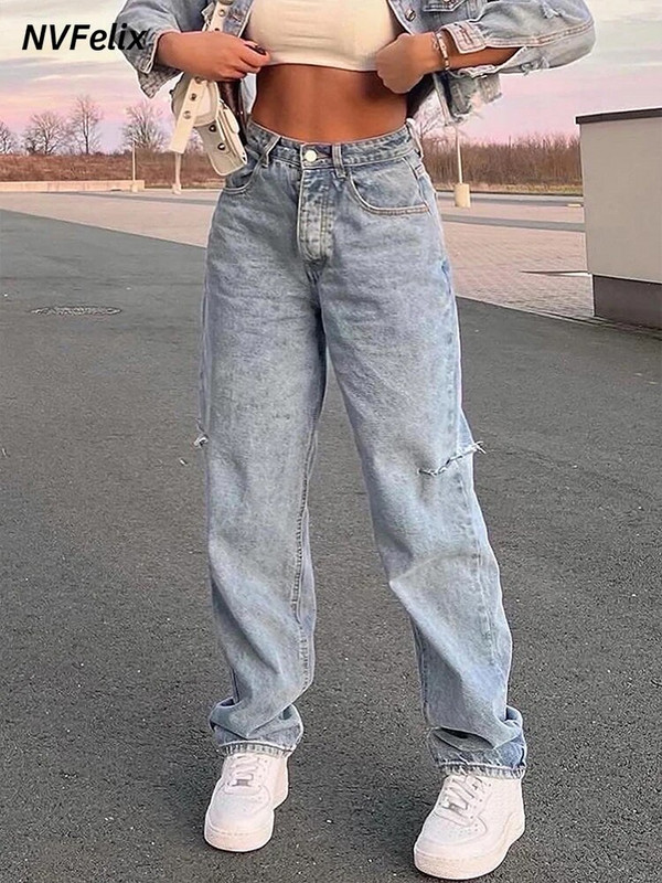 Džinsai Moteriški Vasaros Y2k Baggy Tiesi skylė Džinsinės kelnės aukštu juosmeniu Plyšę Džinsai Kelnės Skorean Drabužiai Gatvės drabužiai Vintažinis Naujas
