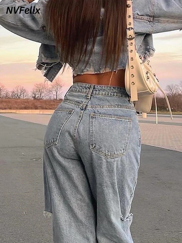 Džinsai Moteriški Vasaros Y2k Baggy Tiesi skylė Džinsinės kelnės aukštu juosmeniu Plyšę Džinsai Kelnės Skorean Drabužiai Gatvės drabužiai Vintažinis Naujas