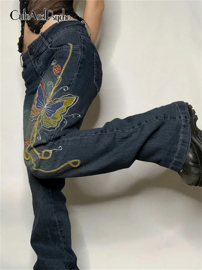 Blugi din denim Y2K cu imprimeu retro cu fluturi Pantaloni cargo vintage grunge cu talie joasă Pantaloni la modă Fairycore Harajuku Cuteandpsycho