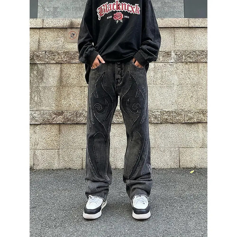 Vintage Φλόγα κεντημένο ψηλό τζιν Γυναικείο πλυμένο παλιό χαλαρό τζιν Γυναικείο τζιν Y2K casual παντελόνι Loose Fit Jean