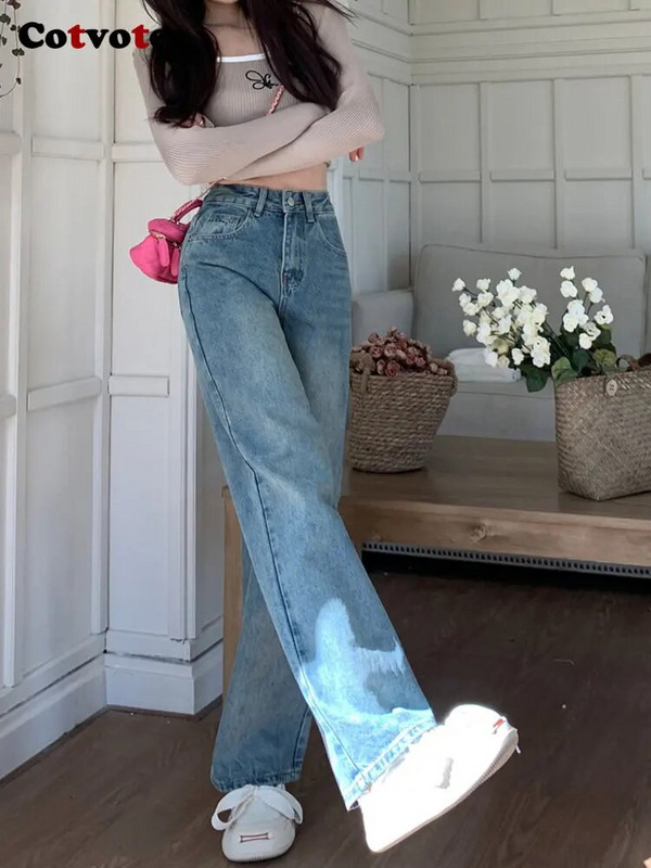 „Cotvotee“ mėlyni džinsai moterims, 2023 m. naujos mados, laisvalaikio džinsai aukštu liemeniu Prašmatnūs vintažiniai „Mom“ džinsai tiesūs viso ilgio Y2k kelnės