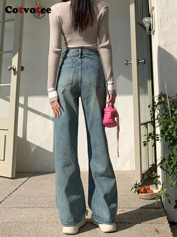 „Cotvotee“ mėlyni džinsai moterims, 2023 m. naujos mados, laisvalaikio džinsai aukštu liemeniu Prašmatnūs vintažiniai „Mom“ džinsai tiesūs viso ilgio Y2k kelnės