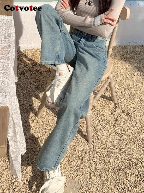 „Cotvotee“ mėlyni džinsai moterims, 2023 m. naujos mados, laisvalaikio džinsai aukštu liemeniu Prašmatnūs vintažiniai „Mom“ džinsai tiesūs viso ilgio Y2k kelnės