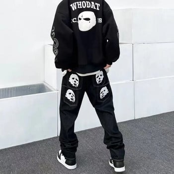 Y2K Κορεάτικη Ανδρική Μόδα Μαύρα Streetwear Casual Skull ίσιο φαρδύ παντελόνι Cargo Φαρδύ τζιν παντελόνι Χαμηλό ύψος Τζιν ρούχα