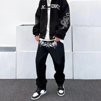 Y2K Κορεάτικη Ανδρική Μόδα Μαύρα Streetwear Casual Skull ίσιο φαρδύ παντελόνι Cargo Φαρδύ τζιν παντελόνι Χαμηλό ύψος Τζιν ρούχα