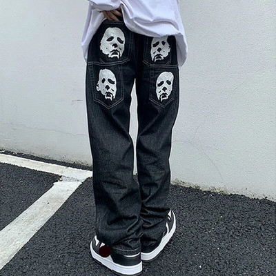 Y2K Κορεάτικη Ανδρική Μόδα Μαύρα Streetwear Casual Skull ίσιο φαρδύ παντελόνι Cargo Φαρδύ τζιν παντελόνι Χαμηλό ύψος Τζιν ρούχα