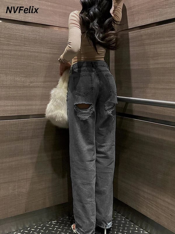 Naiste kõrge vöökohaga rebitud teksad Lai jalg, sirge jalg vabaaja Mugav mood kottis elegantsed naiste teksapüksid Y2K Harajuku uus