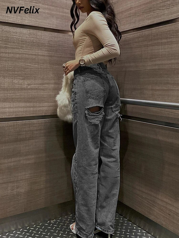 Naiste kõrge vöökohaga rebitud teksad Lai jalg, sirge jalg vabaaja Mugav mood kottis elegantsed naiste teksapüksid Y2K Harajuku uus