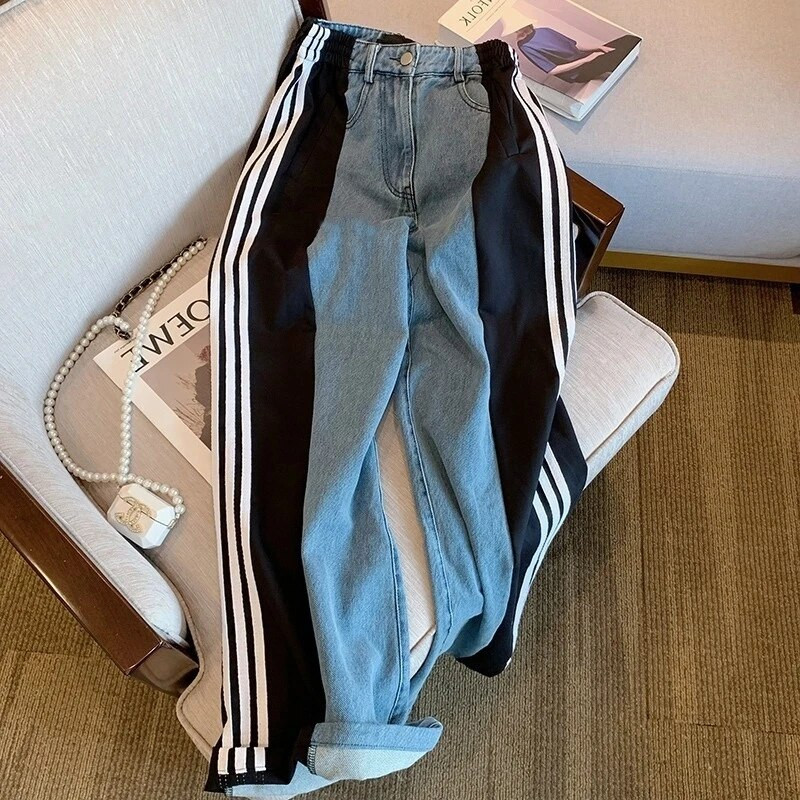 Suuremõõdulised teksad naistele kõrge vöökohaga laiad teksad Korea mood lapitehnikaga naiste teksad Y2k kaubapüksid teksapüksid naiste kottis teksad 