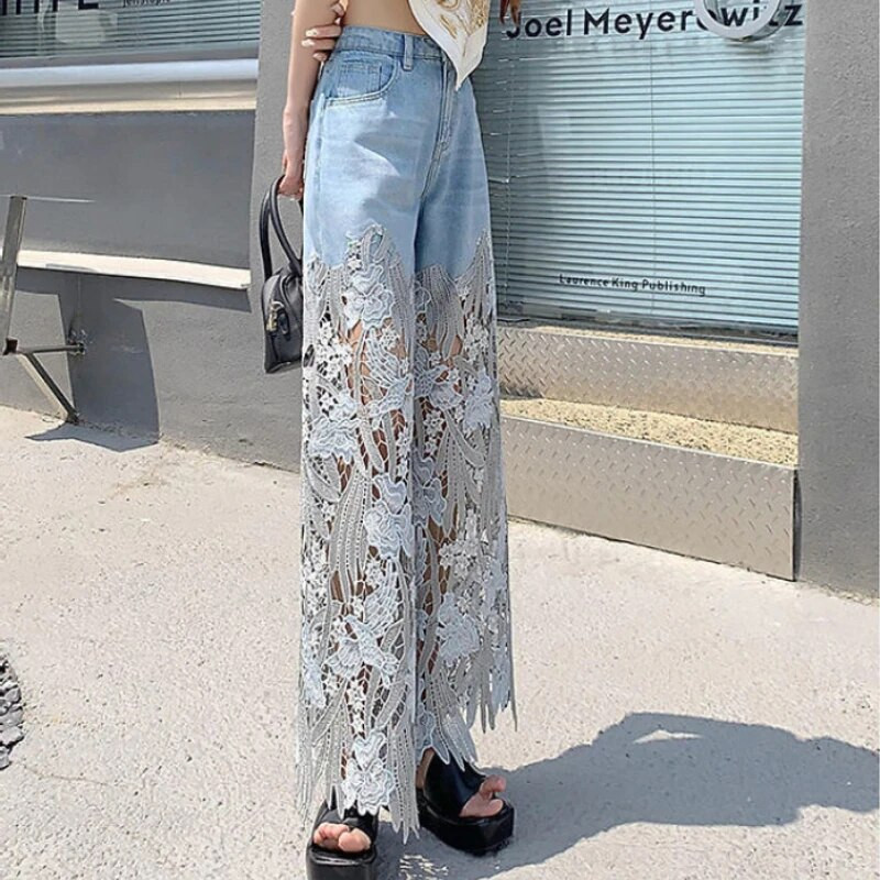 Moodsad elegantsed teksad naistele kõrge vöökohaga pits Patchworl õõnsad ebaregulaarsed Pantalones De Mujer vabad vabad püksid