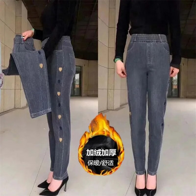 Žieminiai siuvinėti džinsai moteriški elastingi džinsai aukštu juosmeniu 5XL madingi moteriški juodi mėlyni kišeniniai mama džinsai siauros tamprios kelnės, moteriškos