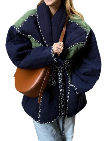 Φθινοπωρινό χειμερινό αντίθεση συνονθύλευμα βαμβακερό μπουφάν Γυναικεία στάμπα με δαντέλα Φαρδιά καπιτονέ παλτό με επένδυση Γυναικεία casual μόδα ρούχα τσέπης