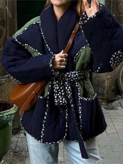 Rudens žiema kontrastingi kratiniai medvilninė striukė Moteriški suvarstiniai Laisvi dygsniuoti paminkštinti paltai Moteriški laisvalaikio madingi kišeniniai drabužiai