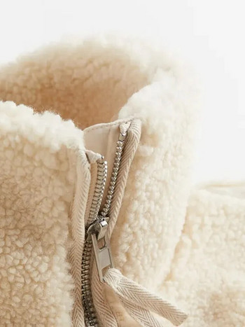 Дамско агнешко вълнено пачуърк яке с ревери Свободно топло палто с цип с дълъг ръкав 2023 Есенно-зимна мода Дамски улични дрехи