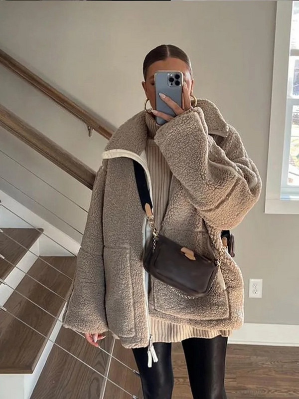 Γυναικείο μπουφάν με μαλλί αρνίσιο πέτο Ζεστό παλτό με φαρδύ μακρυμάνικο φερμουάρ 2023 Φθινοπωρινή χειμερινή μόδα Γυναικεία ρούχα στο δρόμο