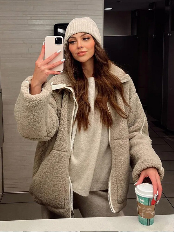 Γυναικείο μπουφάν με μαλλί αρνίσιο πέτο Ζεστό παλτό με φαρδύ μακρυμάνικο φερμουάρ 2023 Φθινοπωρινή χειμερινή μόδα Γυναικεία ρούχα στο δρόμο