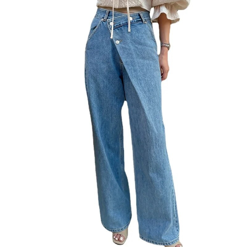 SuperAen Korea šikk sügisene retro kõrge vöökoht, ebaregulaarne pandla disain, mood laia säärega teksad püksid naistele