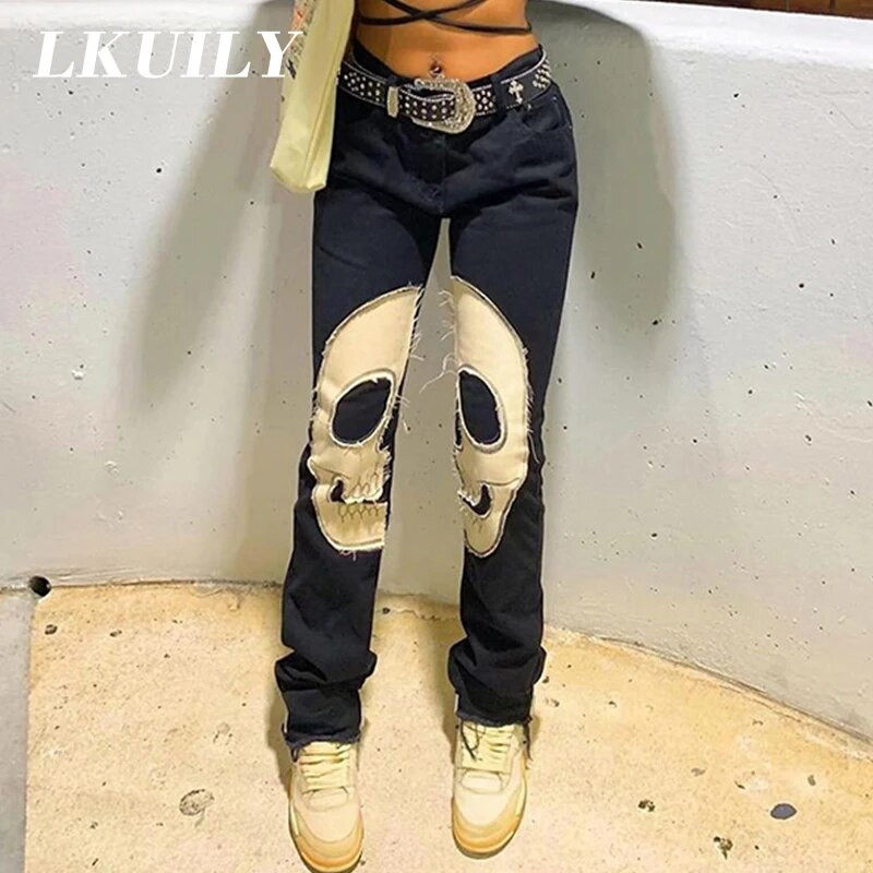 Skull Vintage Printed Jeans Γυναικεία Ψηλόμεση Y2K Streetwear 90S φαρδύ τζιν παντελόνι Τζιν παντελόνι Harajuku Cargo Straight Jean