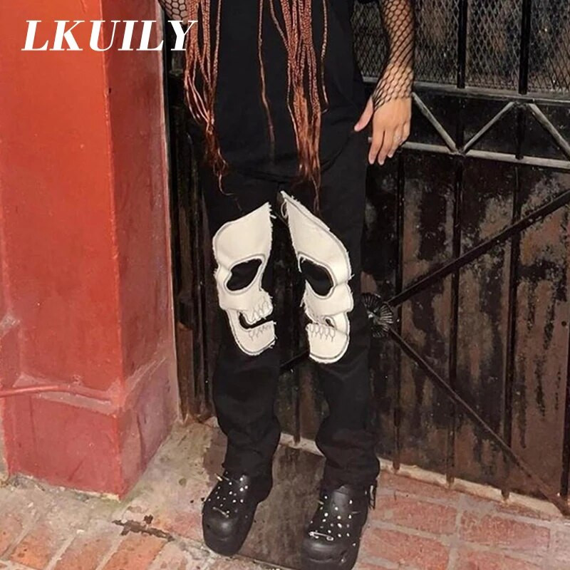 Skull Vintage Printed Jeans Γυναικεία Ψηλόμεση Y2K Streetwear 90S φαρδύ τζιν παντελόνι Τζιν παντελόνι Harajuku Cargo Straight Jean