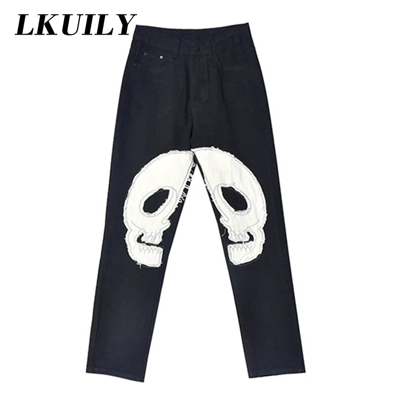 Skull Vintage Printed Jeans Γυναικεία Ψηλόμεση Y2K Streetwear 90S φαρδύ τζιν παντελόνι Τζιν παντελόνι Harajuku Cargo Straight Jean