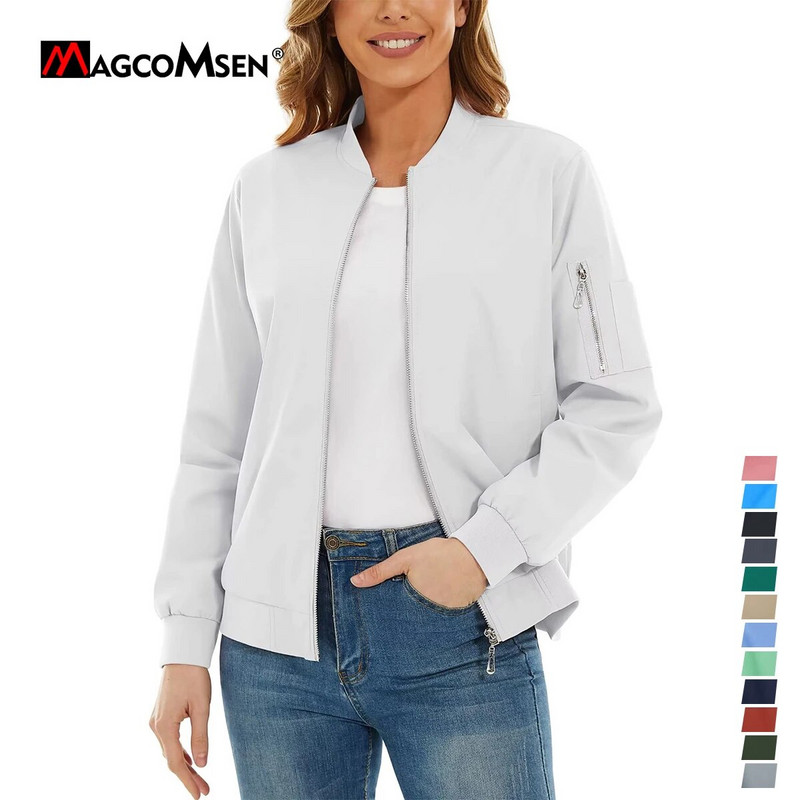 MAGCOMSEN moteriškos bombonešio striukės su užtrauktuku, laisvalaikio paltas Moteriška vėjo striukė su 3 kišenėmis, vandeniui atsparūs viršutiniai drabužiai, dviratininkų pilotiniai paltai