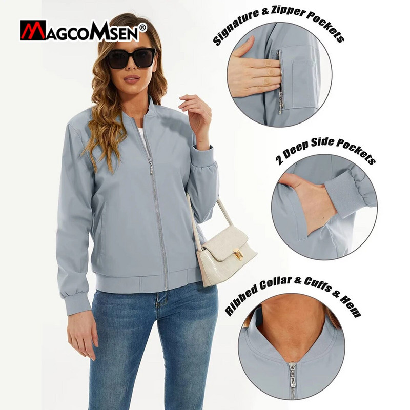 MAGCOMSEN moteriškos bombonešio striukės su užtrauktuku, laisvalaikio paltas Moteriška vėjo striukė su 3 kišenėmis, vandeniui atsparūs viršutiniai drabužiai, dviratininkų pilotiniai paltai