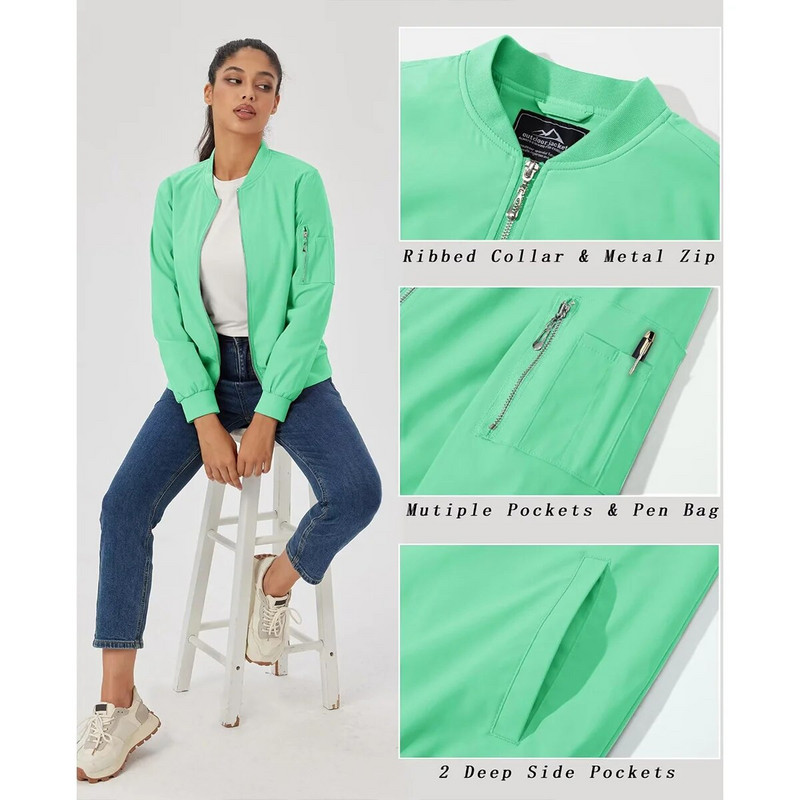 MAGCOMSEN moteriškos bombonešio striukės su užtrauktuku, laisvalaikio paltas Moteriška vėjo striukė su 3 kišenėmis, vandeniui atsparūs viršutiniai drabužiai, dviratininkų pilotiniai paltai