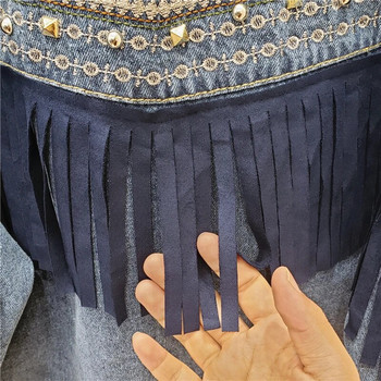 Дънково яке Корейска флорална бродерия Велурени ресни Свободни Chaquetas Mujer Палто с дълъг ръкав Връхни дрехи Дамски Veste Femme