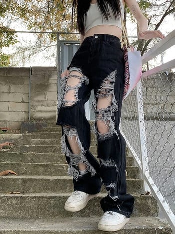 Zoki Hip Hop Hole Jeans Γυναικεία ρούχα Streetwear Harajuku Hollow Out Τζιν παντελόνι Αμερικανικό ρετρό ψηλόμεσο γυναικείο ίσιο παντελόνι