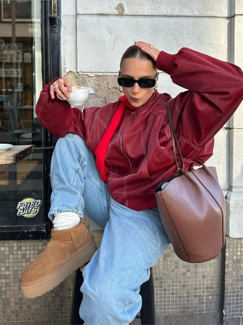 Γυναικείο Κόκκινο φερμουάρ με πέτο Δερμάτινο κομμένο παλτό Casual μακρυμάνικο μπουφάν τσέπης 2023 Φθινοπωρινή μόδα Νέα γυναικεία streetwear