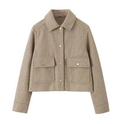 Elegantne naiste revääriga lühike jope 2023. aasta sügisene pikkade varrukatega taskusärgi jakid, naiste mood, kontorinaised, üherealised mantlid