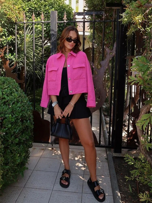 Elegantne naiste revääriga lühike jope 2023. aasta sügisene pikkade varrukatega taskusärgi jakid, naiste mood, kontorinaised, üherealised mantlid