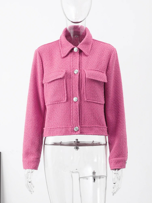 Elegantne naiste revääriga lühike jope 2023. aasta sügisene pikkade varrukatega taskusärgi jakid, naiste mood, kontorinaised, üherealised mantlid