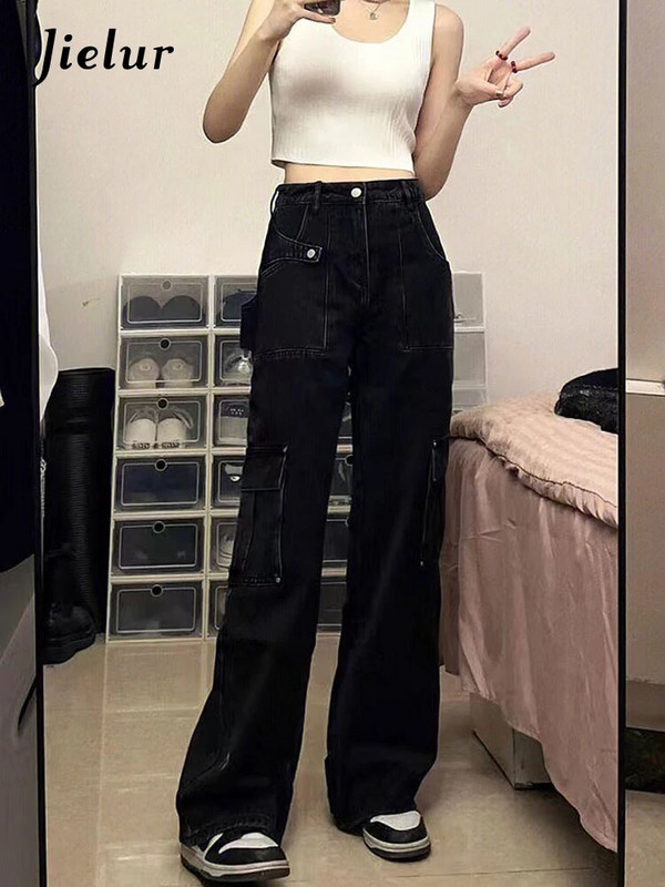 Jielur Vintažiniai juodi džinsai moterims Pavasaris Vasara Tiesūs Darbo Drabužiai Plačios Kojos Džinsinės Kelnės Fashion Streewear Kasdieniai Cargo Džinsai