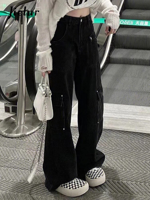 Jielur Vintažiniai juodi džinsai moterims Pavasaris Vasara Tiesūs Darbo Drabužiai Plačios Kojos Džinsinės Kelnės Fashion Streewear Kasdieniai Cargo Džinsai
