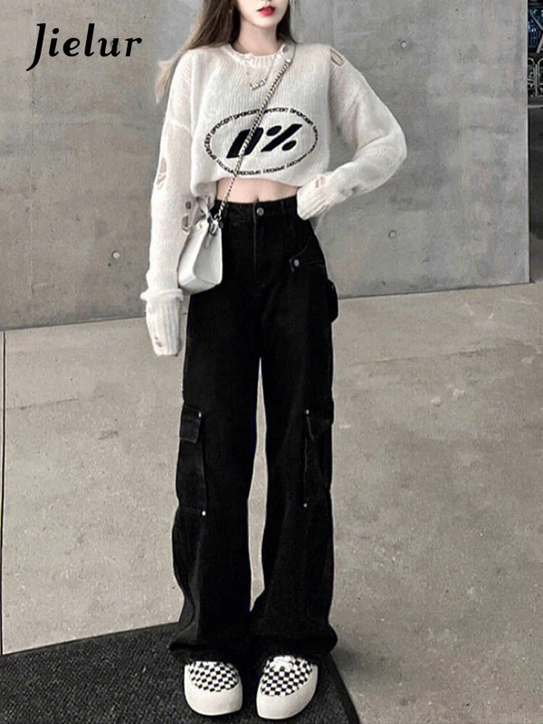 Jielur Vintažiniai juodi džinsai moterims Pavasaris Vasara Tiesūs Darbo Drabužiai Plačios Kojos Džinsinės Kelnės Fashion Streewear Kasdieniai Cargo Džinsai
