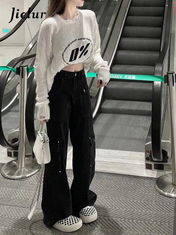 Jielur Vintažiniai juodi džinsai moterims Pavasaris Vasara Tiesūs Darbo Drabužiai Plačios Kojos Džinsinės Kelnės Fashion Streewear Kasdieniai Cargo Džinsai