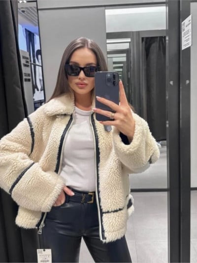 Pardesiu elegant de lux din lână de miel mozaic pentru femei, la modă, cu fermoar, mâneci lungi, jachete calde, toamnă 2023, haină casual High Street