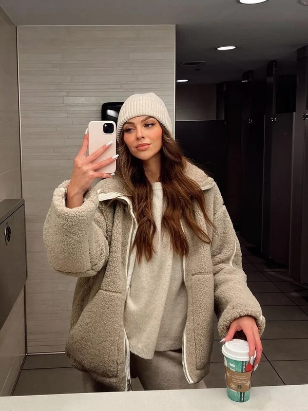 Elegantne Luksuslik lambavillane lapiline mantlid Naiste mood tõmblukuga pikkade varrukatega soojad jakid 2023. aasta sügisene vabaaja mantlid