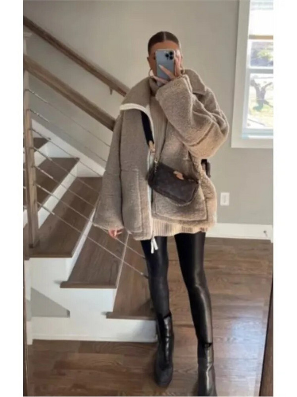 Elegantne Luksuslik lambavillane lapiline mantlid Naiste mood tõmblukuga pikkade varrukatega soojad jakid 2023. aasta sügisene vabaaja mantlid