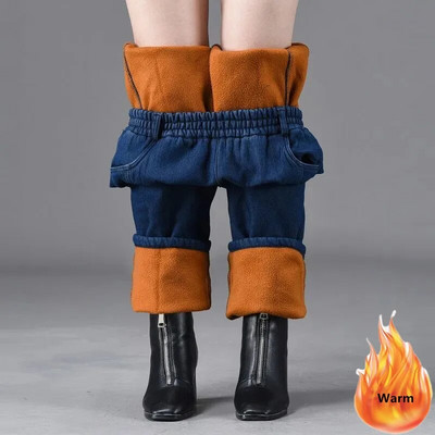 Žieminiai aksomu su pamušalu Baggy džinsai Tiesūs kelnės mama pliušiniai elastiniai aukštu juosmeniu Vaqueros Pantalones Vintage Šiltas storas Denim Broek