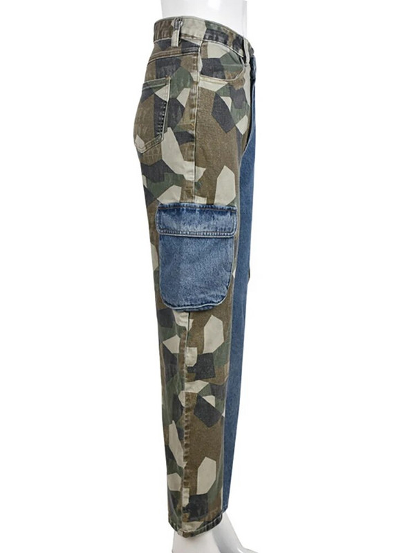 DEAT Fashion naiste teksad Patchwork kõrge vöökohaga pikk sirge sinine kontrastvärvi kamuflaaž teksapüksid kevad 2023 uus 17A5934