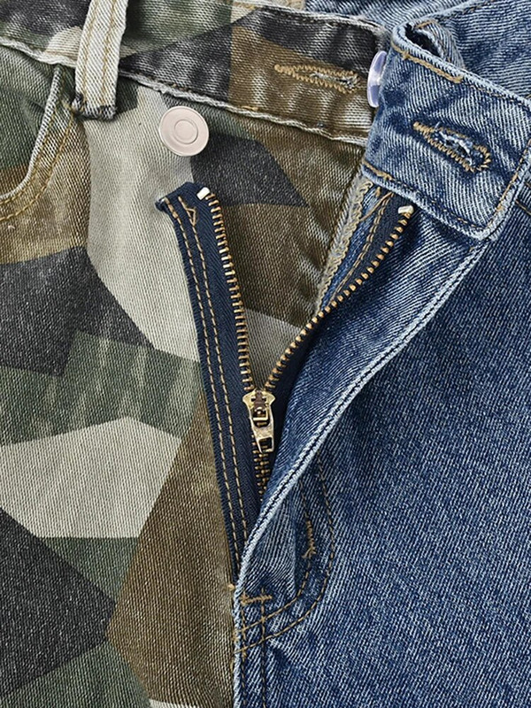 DEAT Fashion naiste teksad Patchwork kõrge vöökohaga pikk sirge sinine kontrastvärvi kamuflaaž teksapüksid kevad 2023 uus 17A5934