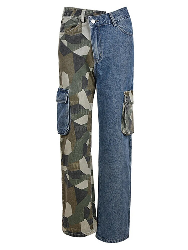 DEAT Fashion naiste teksad Patchwork kõrge vöökohaga pikk sirge sinine kontrastvärvi kamuflaaž teksapüksid kevad 2023 uus 17A5934