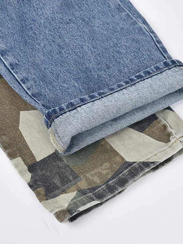 DEAT Fashion naiste teksad Patchwork kõrge vöökohaga pikk sirge sinine kontrastvärvi kamuflaaž teksapüksid kevad 2023 uus 17A5934