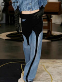 DEAT Fashion Moteriškos džinsinės kelnės aukštu juosmeniu juodos ir mėlynos spalvos kontrastas, siūlas iki grindų, plačios kojos džinsai 2023 m. ruduo Nauja 7AB763