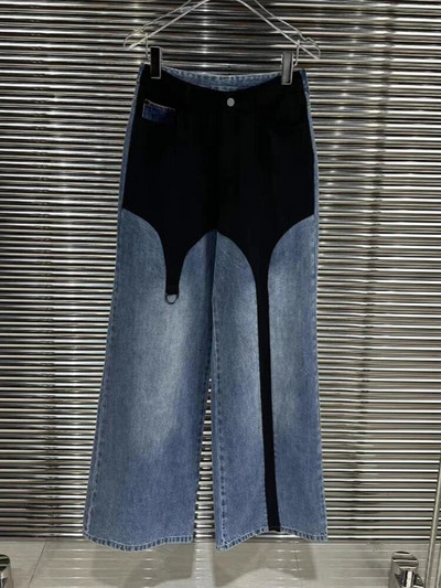 DEAT Fashion Moteriškos džinsinės kelnės aukštu juosmeniu juodos ir mėlynos spalvos kontrastas, siūlas iki grindų, plačios kojos džinsai 2023 m. ruduo Nauja 7AB763