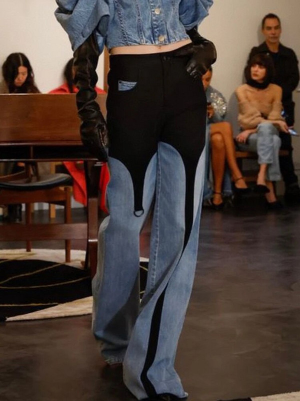 DEAT Fashion Moteriškos džinsinės kelnės aukštu juosmeniu juodos ir mėlynos spalvos kontrastas, siūlas iki grindų, plačios kojos džinsai 2023 m. ruduo Nauja 7AB763
